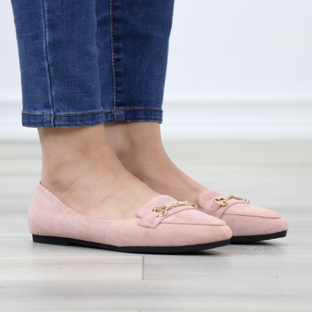 Pink Faux Suede Pointed Toe No Heel Flat Loafers Shoe Gold Accent Decor Slip On - Picture 4 of 14